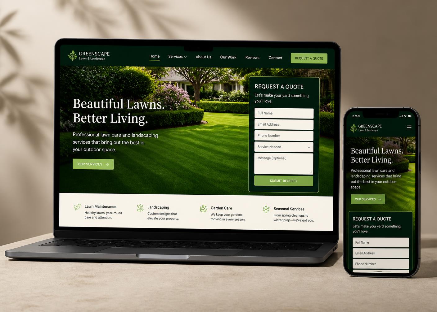 The Grounded Lawn Service website shown on a laptop and a phone